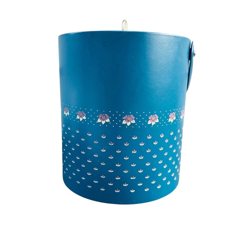 Georges Briard Vintage Ice Bucket Blue Floral Rose Vinyl MCM Barware with Lid